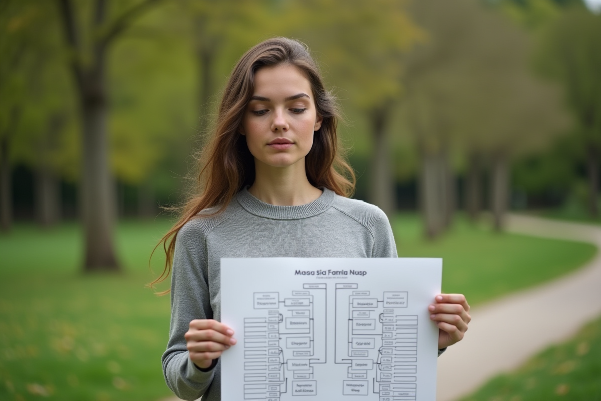 Jeune femme observant un arbre généalogique en plein air dans un parc