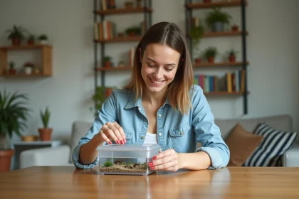 Jeune femme souriante assemble un terrarium à fourmis dans un intérieur moderne