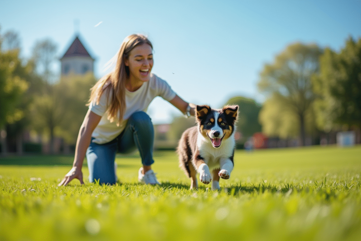 Jeune femme jouant avec un chiot border collie dans un parc ensoleille