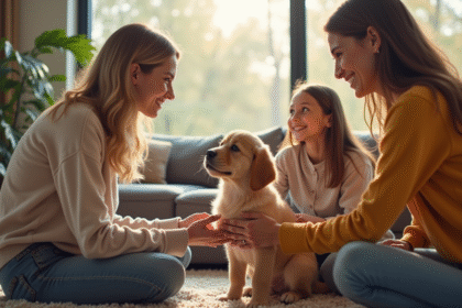 Jeune femme remet un chiot golden retriever à une famille heureuse