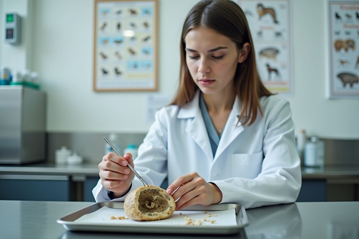 Jeune femme scientifique analyse un pellet d