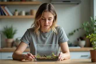 Jeune femme nettoyant un formicarium dans la cuisine lumineuse