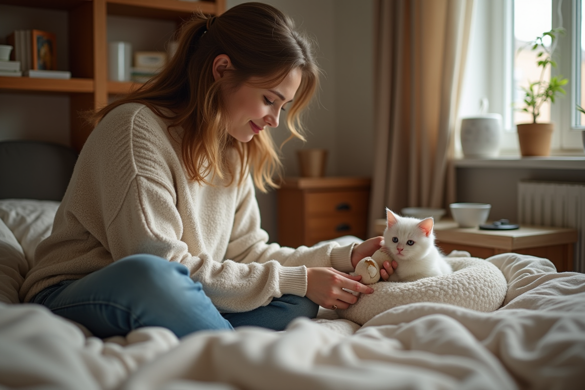 Jeune femme plaçant un jouet dans un coin pour chaton