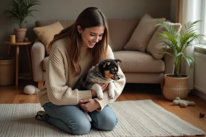 Jeune femme avec un teckel arlequin dans un intérieur chaleureux
