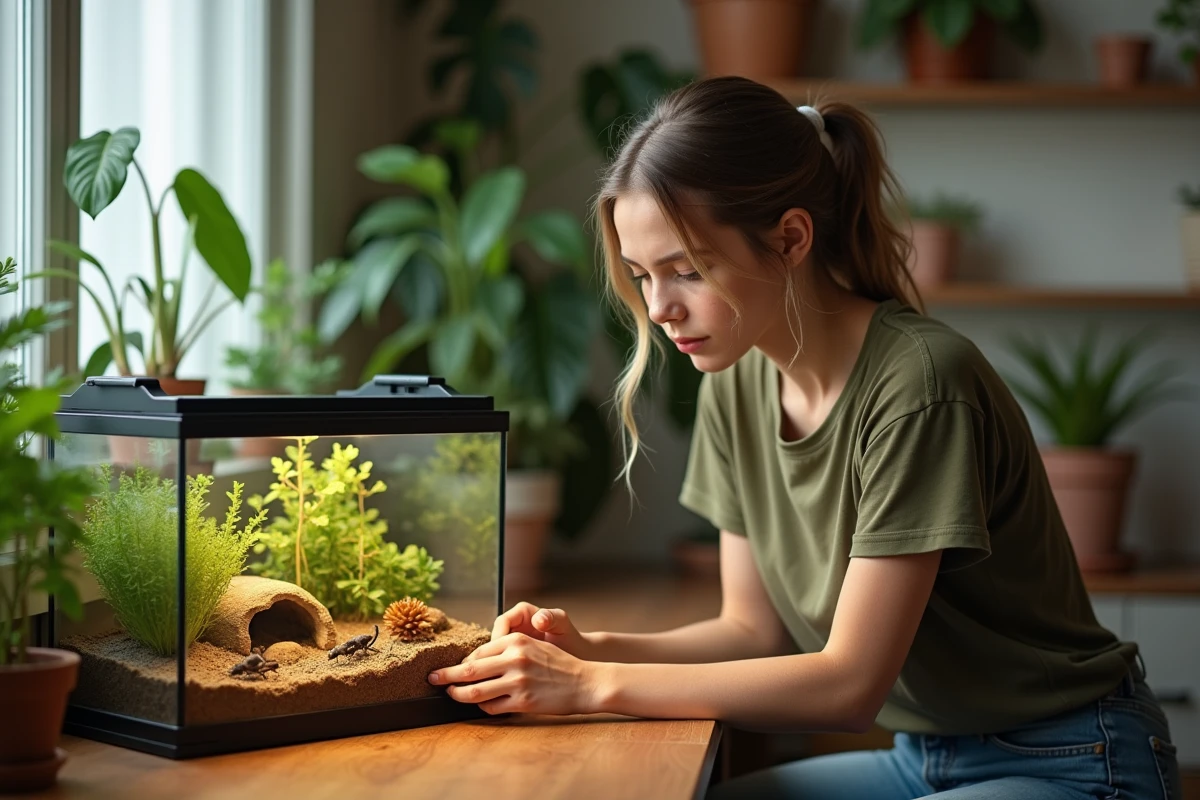 Jeune femme nourrissant ses criquets dans un terrarium