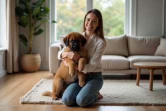 Jeune femme souriante avec un chiot tibetain dans un intérieur élégant
