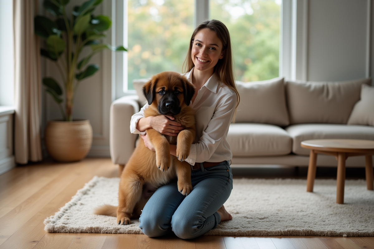 Jeune femme souriante avec un chiot tibetain dans un intérieur élégant