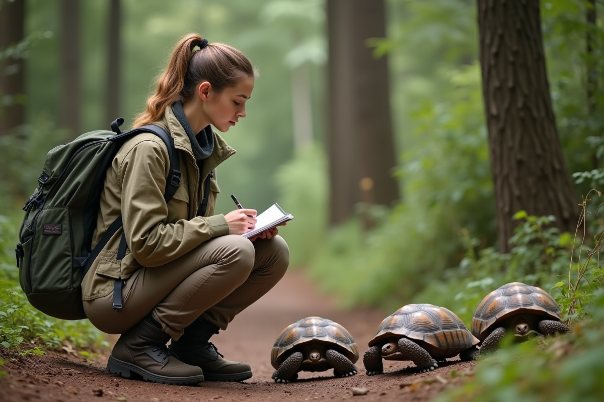 Jeune femme observant des tortues dans une réserve naturelle
