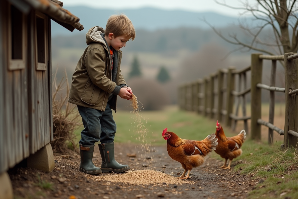 Adolescent dispersant grain pour des poules dans la cour