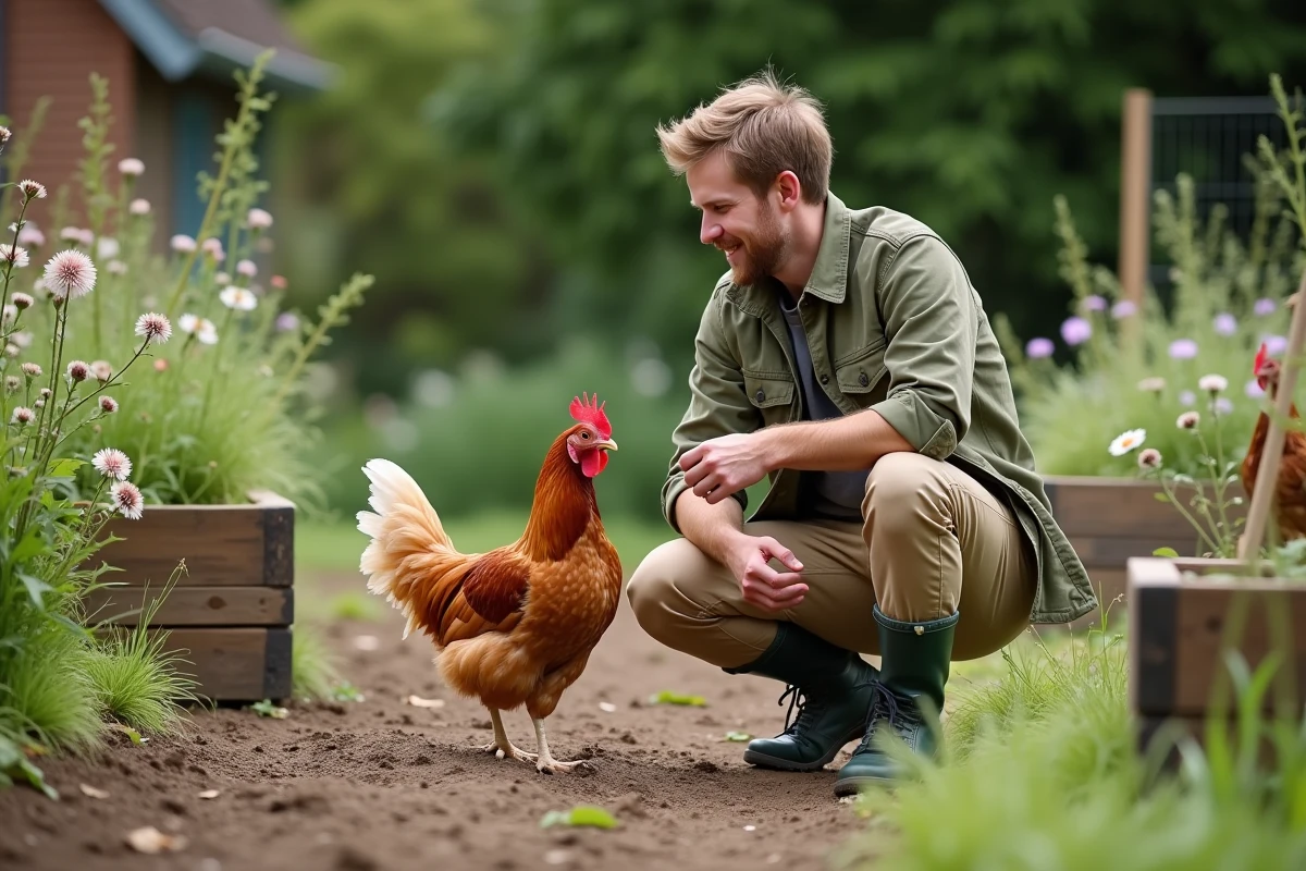 Jeune homme avec poule Sussex dans jardin rural