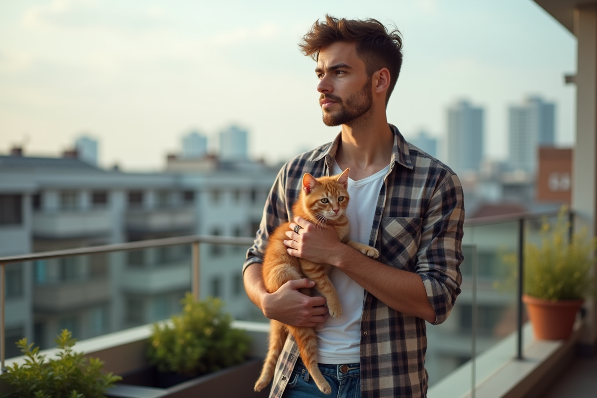 Jeune homme avec un chaton orange sur un balcon urbain