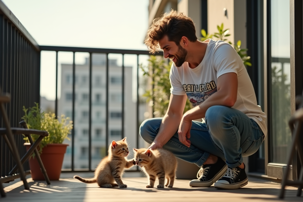 Jeune homme joue avec des chatons sur un balcon ensoleille