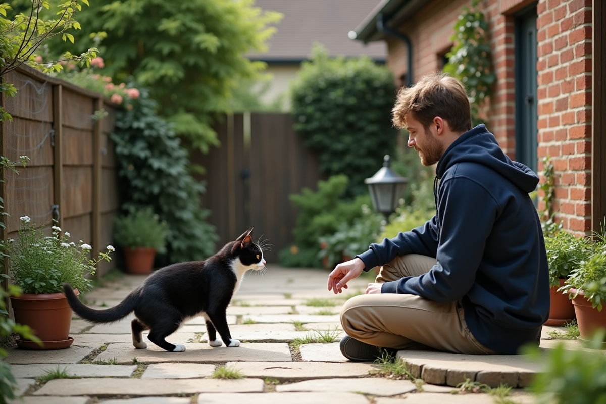 Jeune homme observant un chat dans le jardin