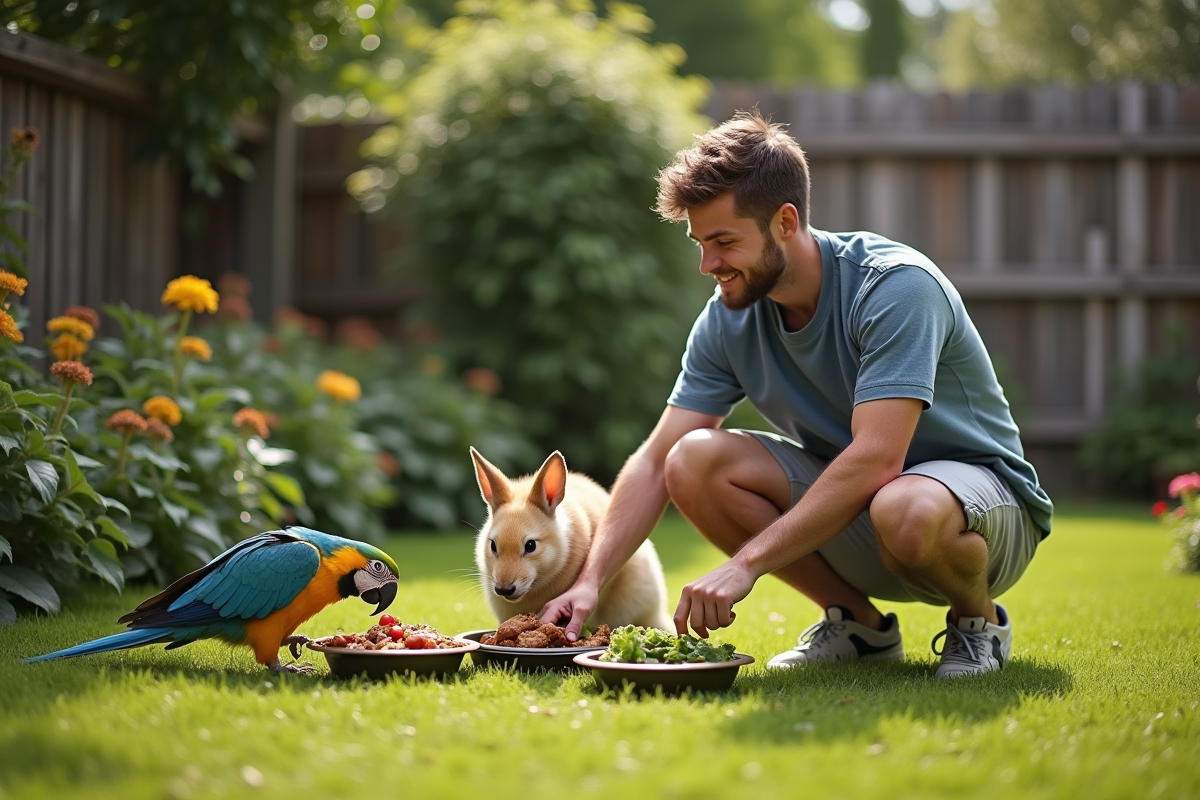Jeune homme présentant nourriture à ses animaux dans le jardin