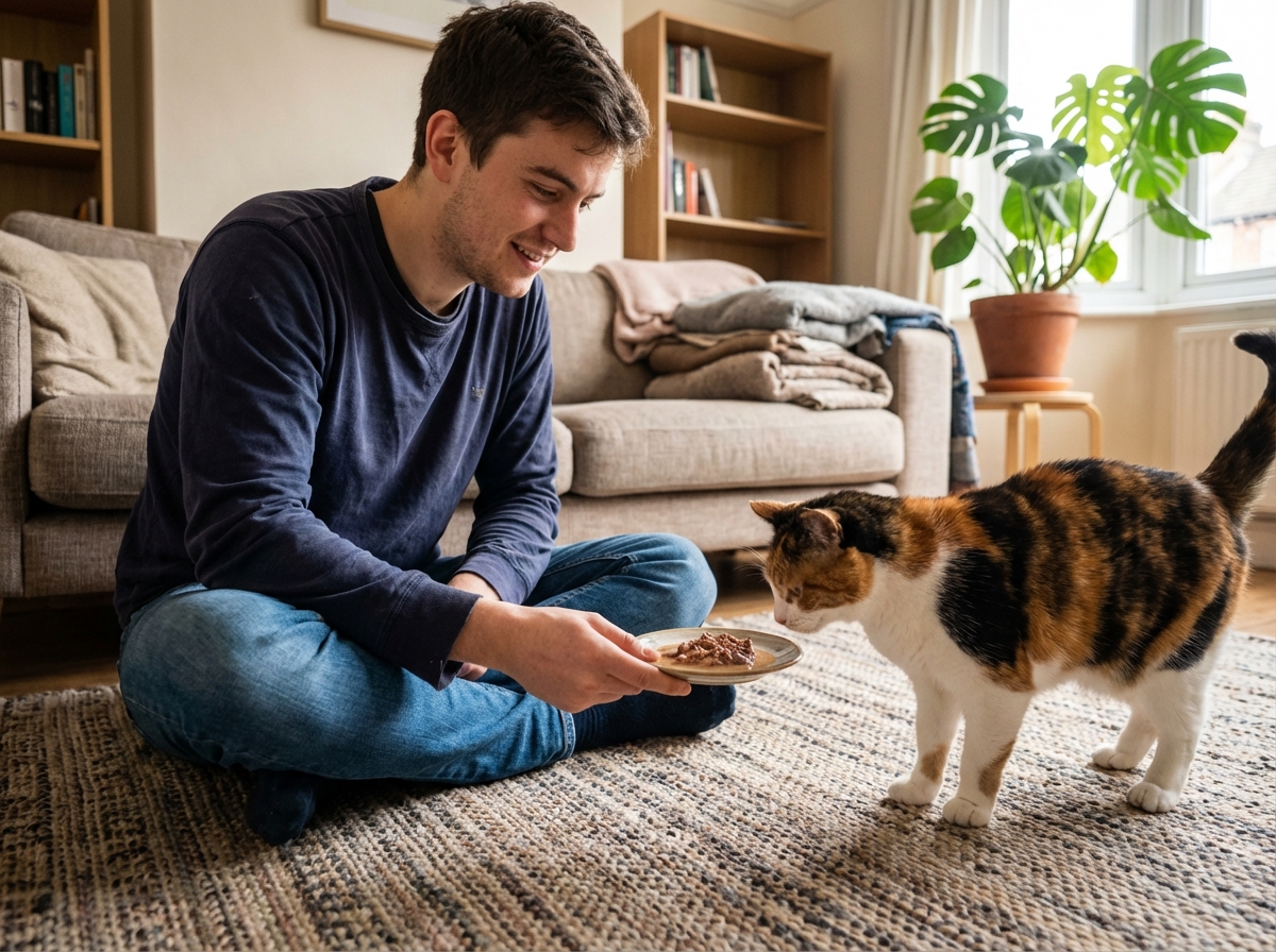 Jeune homme donnant à manger à son chat calico