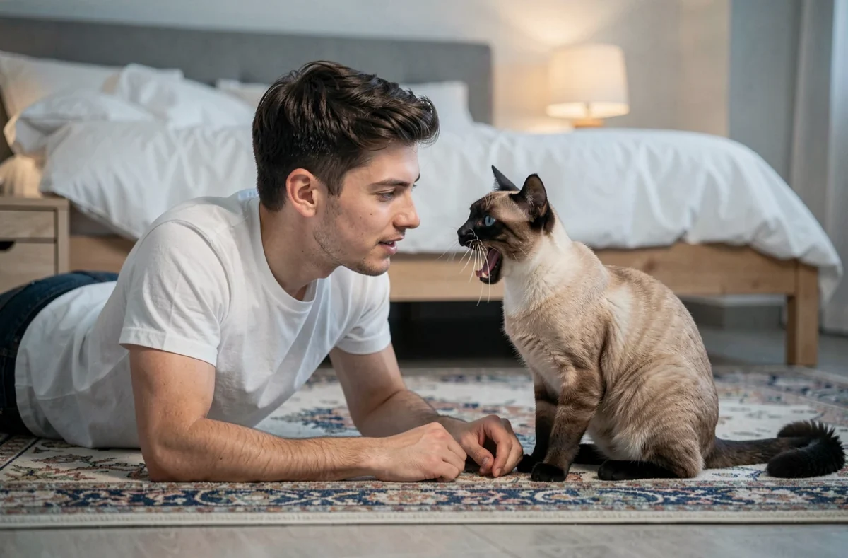 Jeune homme allongé au sol parlant à son chat siamois qui miaule face à lui