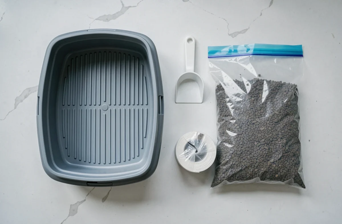 Kit de litière de voyage pour chat disposé à plat sur un comptoir blanc, incluant bac pliable, pelle, litière et sacs biodégradables