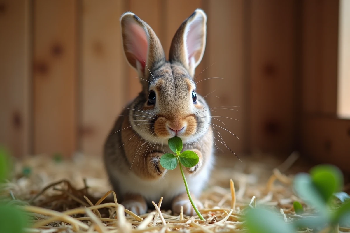 Jeune lapin curieux mangeant une feuille de trèfle en intérieur