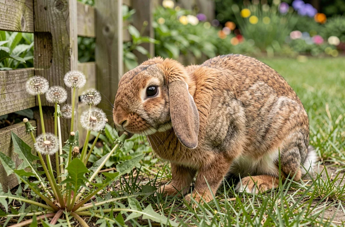 Lapin bélier brun explorant un enclos extérieur entouré de pissenlits et d'une clôture en bois
