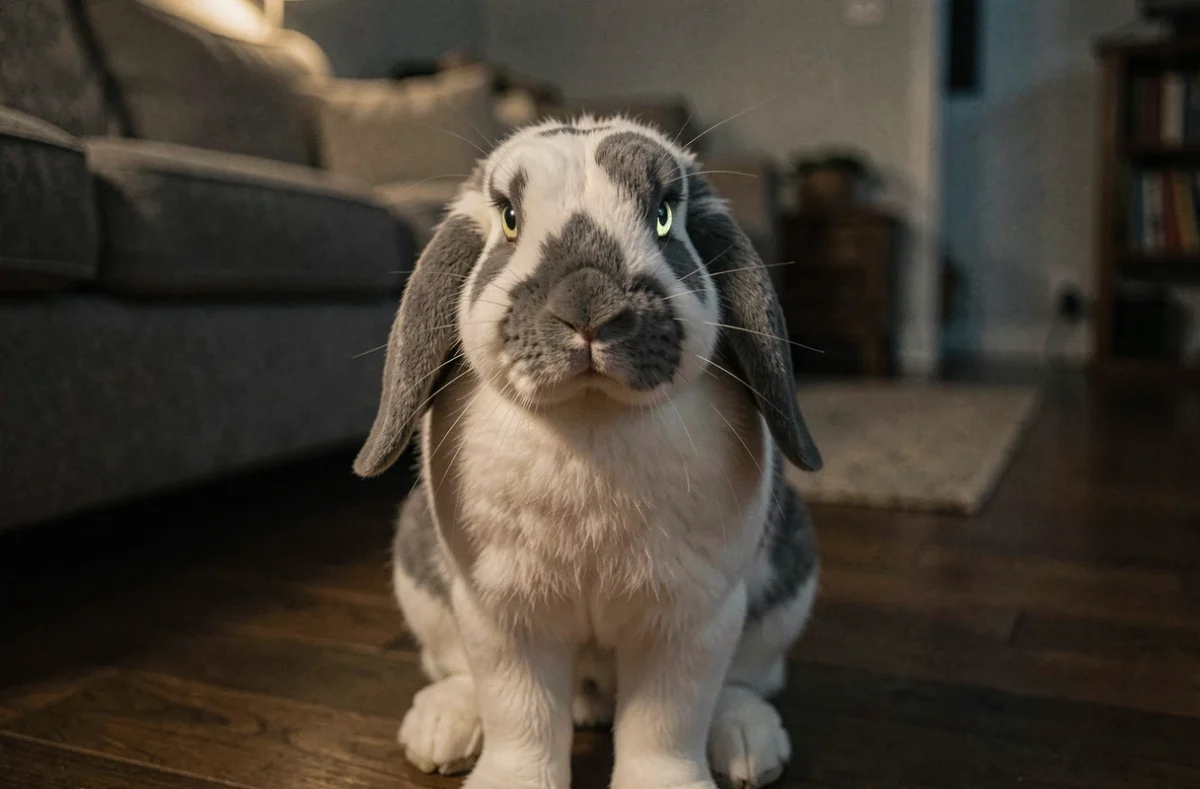 Lapin bélier blanc et gris dans un salon en soirée, yeux brillants reflétant la faible luminosité ambiante et illustrant la vision nocturne