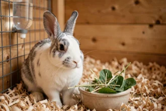 Lapin domestique blanc et gris assis près de son bol de nourriture rempli de foin frais dans un enclos en bois