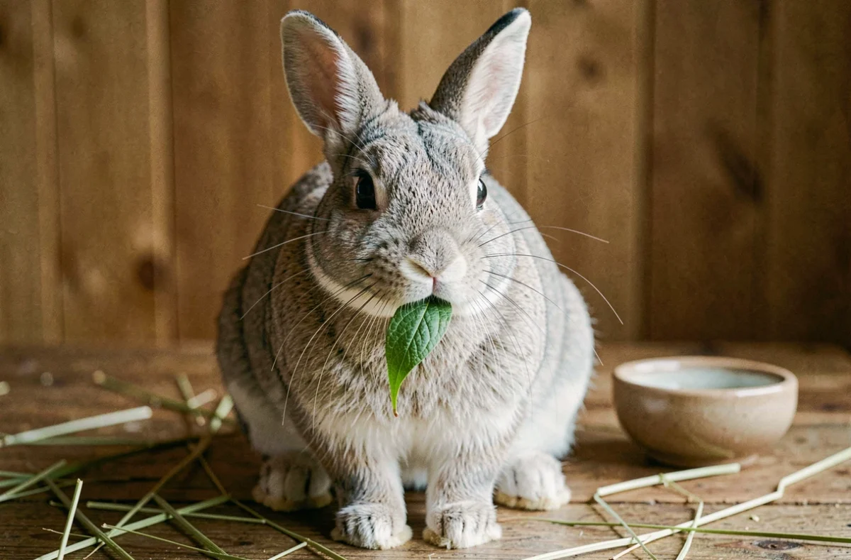 Lapin domestique gris et blanc assis sur une table en bois en train de manger une feuille verte