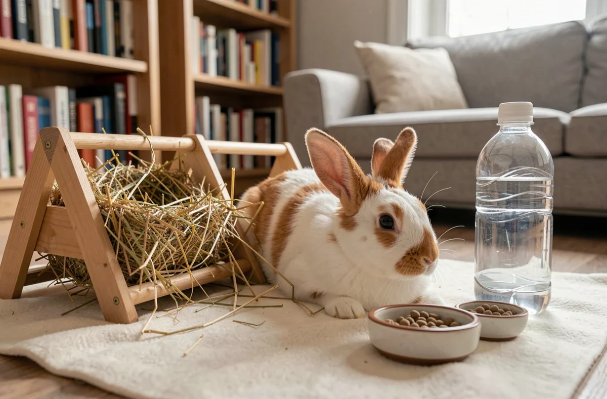Lapin blanc et orange dans un habitat intérieur spacieux avec râtelier à foin et gamelle de granulés