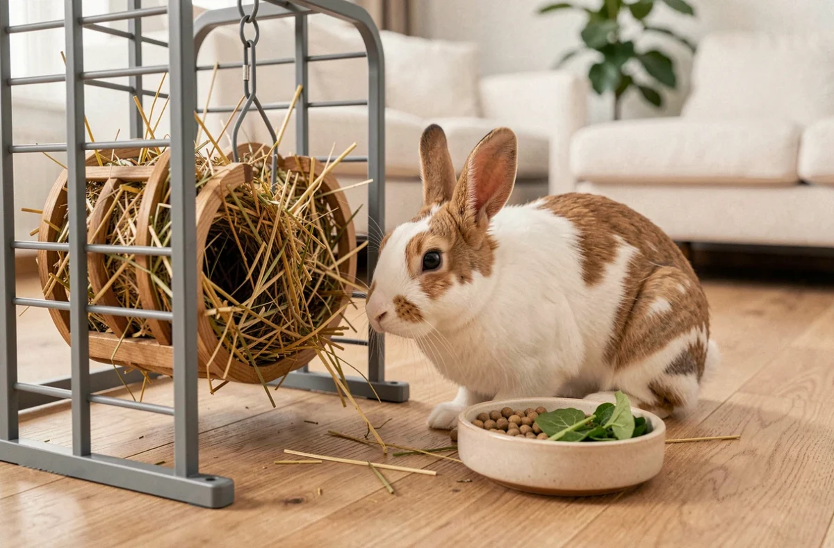 Grand lapin blanc et marron mangeant du foin de timothy dans un râtelier à l'intérieur d'un enclos domestique moderne avec bol de granulés et légumes