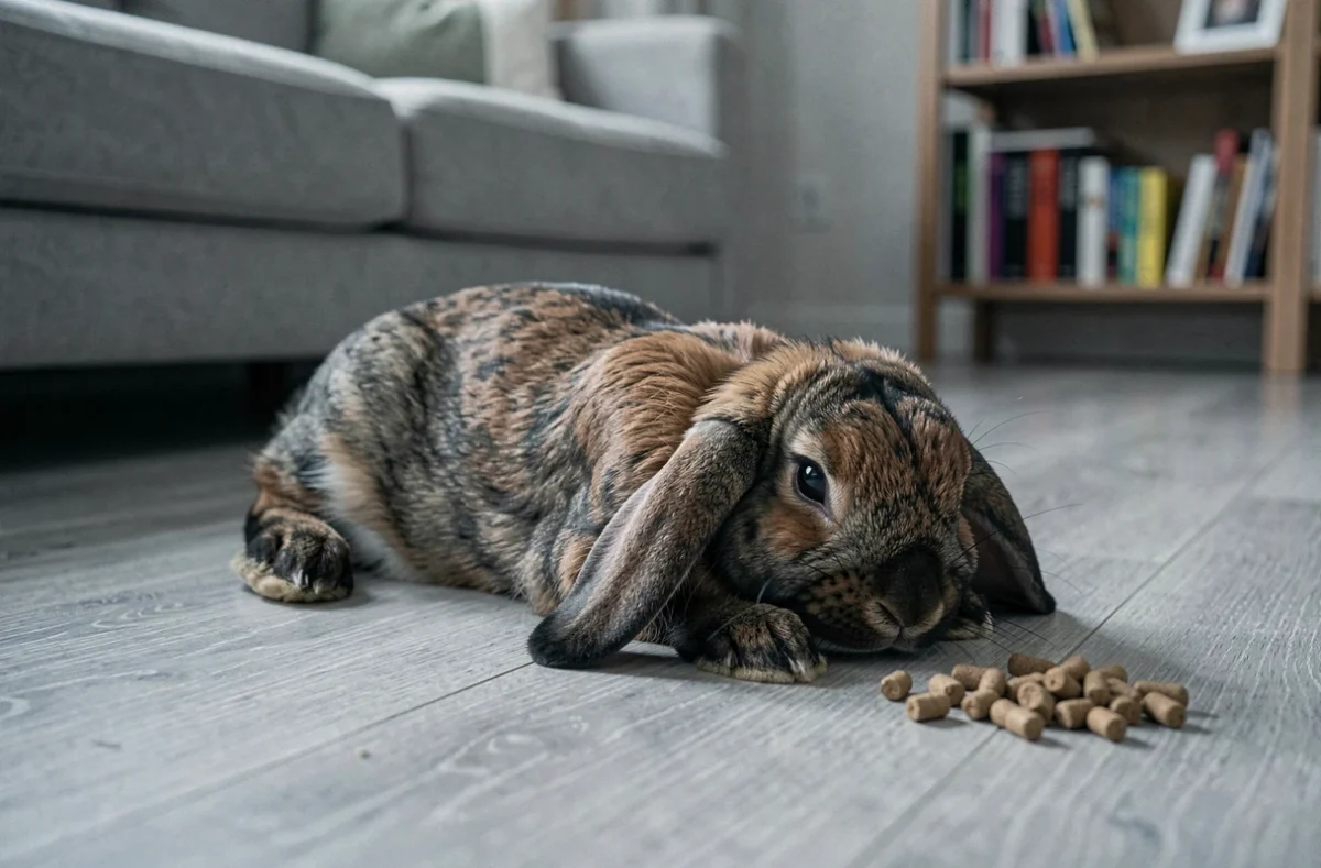 Lapin à oreilles tombantes allongé sur le sol du salon semblant léthargique et sans appétit