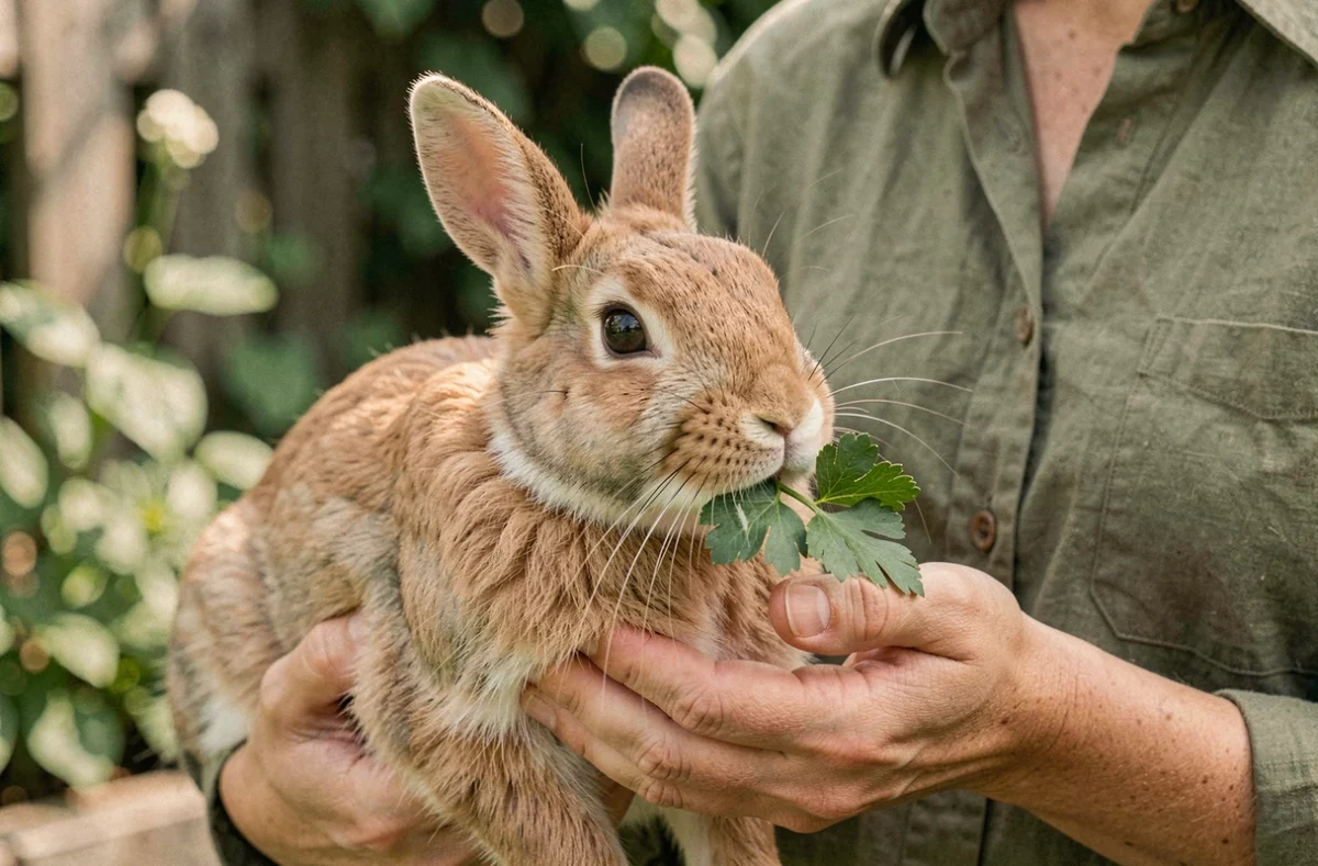 Femme tenant un lapin domestique beige qui mange une herbe fraîche, portrait rapproché avec fond de jardin flou