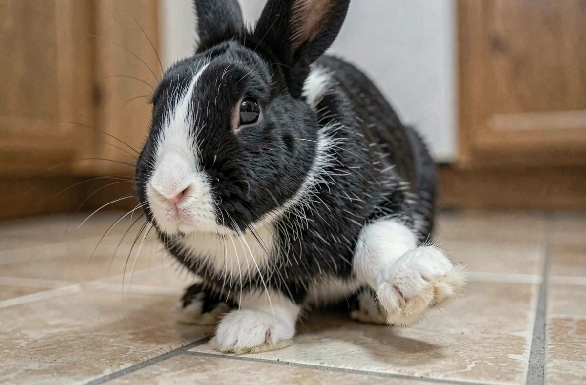 Gros plan d'un lapin noir et blanc tapant du pied sur un carrelage de cuisine
