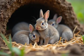Lapin nouveau-ne dans un nid de paille en extérieur