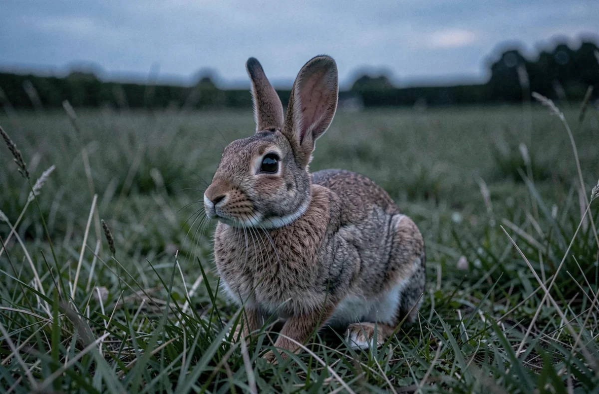 Lapin sauvage brun dans une prairie au crépuscule avec les yeux grands ouverts, montrant son adaptation visuelle à la nuit