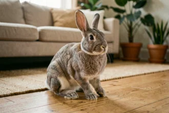 Lapin gris domestique qui tape du pied sur un plancher en bois à l'intérieur d'une maison