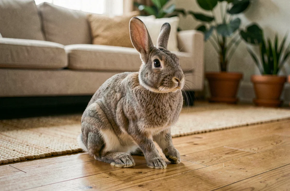Lapin gris domestique qui tape du pied sur un plancher en bois à l'intérieur d'une maison