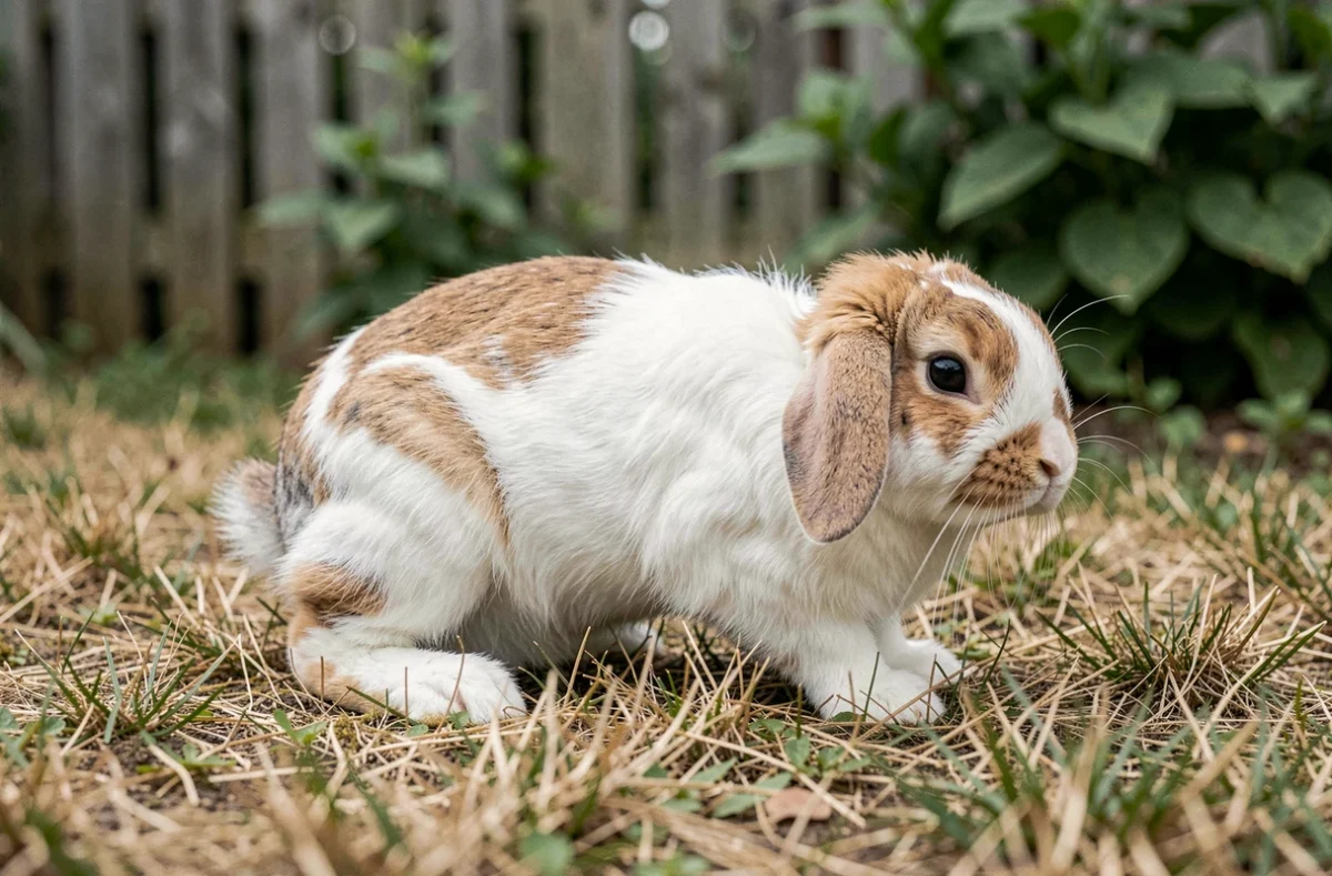 Lapin à oreilles tombantes qui tape du pied dans un jardin sur de l'herbe sèche