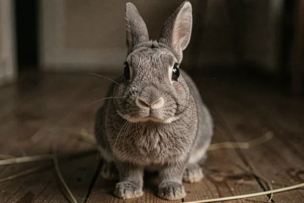 Lapin domestique gris aux grands yeux ouverts dans un environnement sombre au crépuscule, illustrant la vision nocturne des lapins