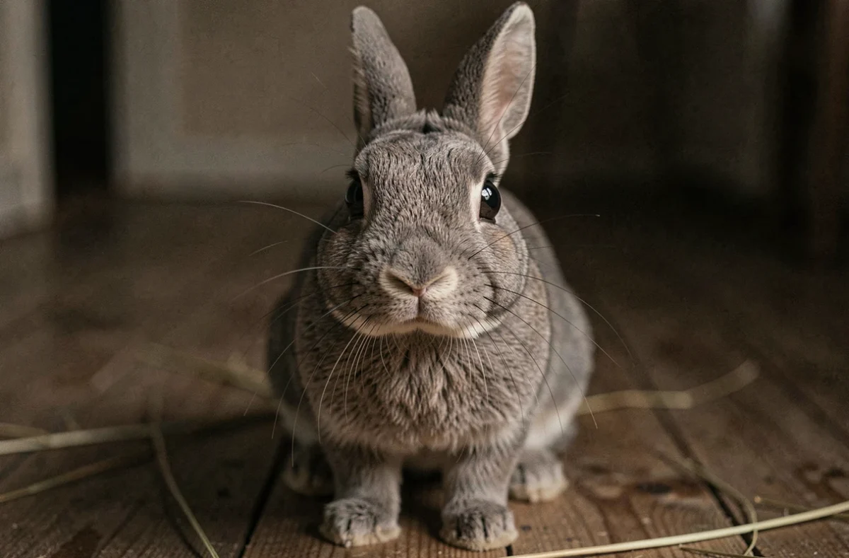 Lapin domestique gris aux grands yeux ouverts dans un environnement sombre au crépuscule, illustrant la vision nocturne des lapins