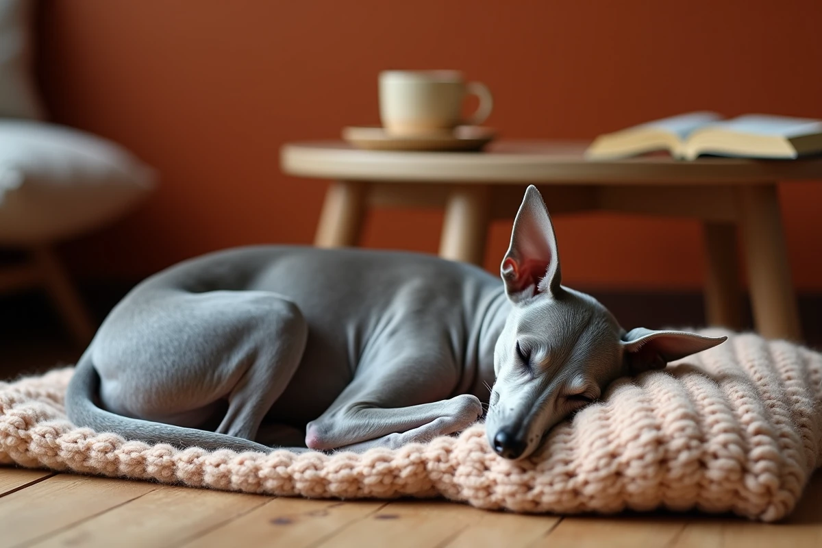 Lévrier italien poil court endormi sur une couverture dans un intérieur cosy, race de petit chien calme et silencieux