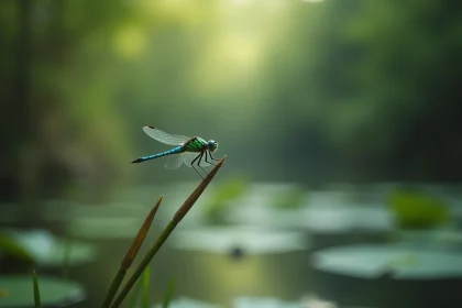 Libellule bleue et verte perchée sur un roseau au bord d'un étang calme, symbolisant la transformation et les signes angéliques
