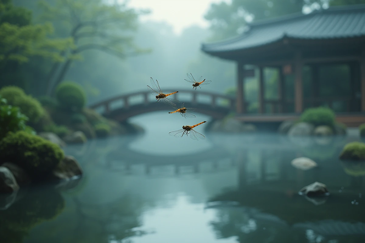 Trois libellules en vol au-dessus d'un étang de jardin japonais brumeux, illustration poétique de la symbolique angélique de la libellule