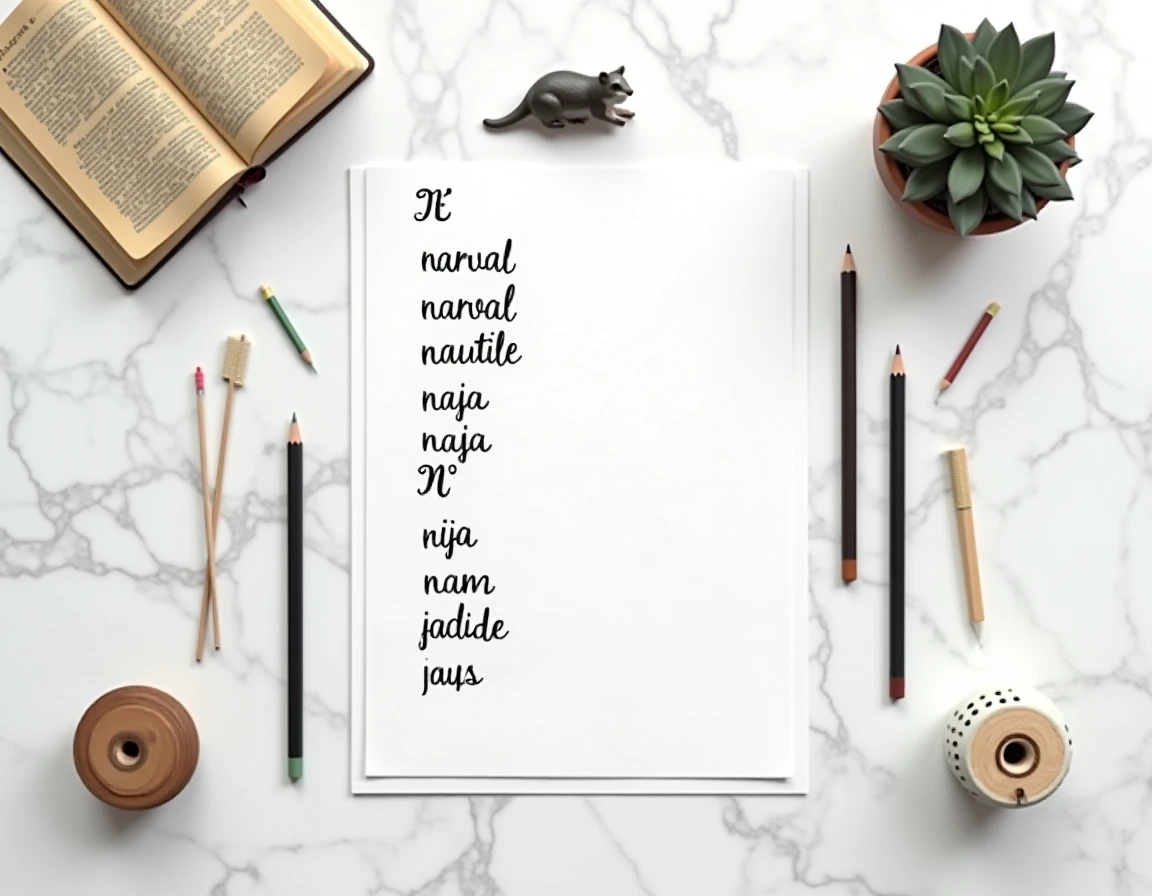 Vue de dessus d'une liste manuscrite d'animaux commençant par N avec un dictionnaire vintage, des crayons et une figurine de ragondin sur marbre blanc