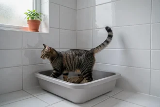 Chat tigré entrant dans une litière propre et moderne dans une salle de bain minimaliste blanche