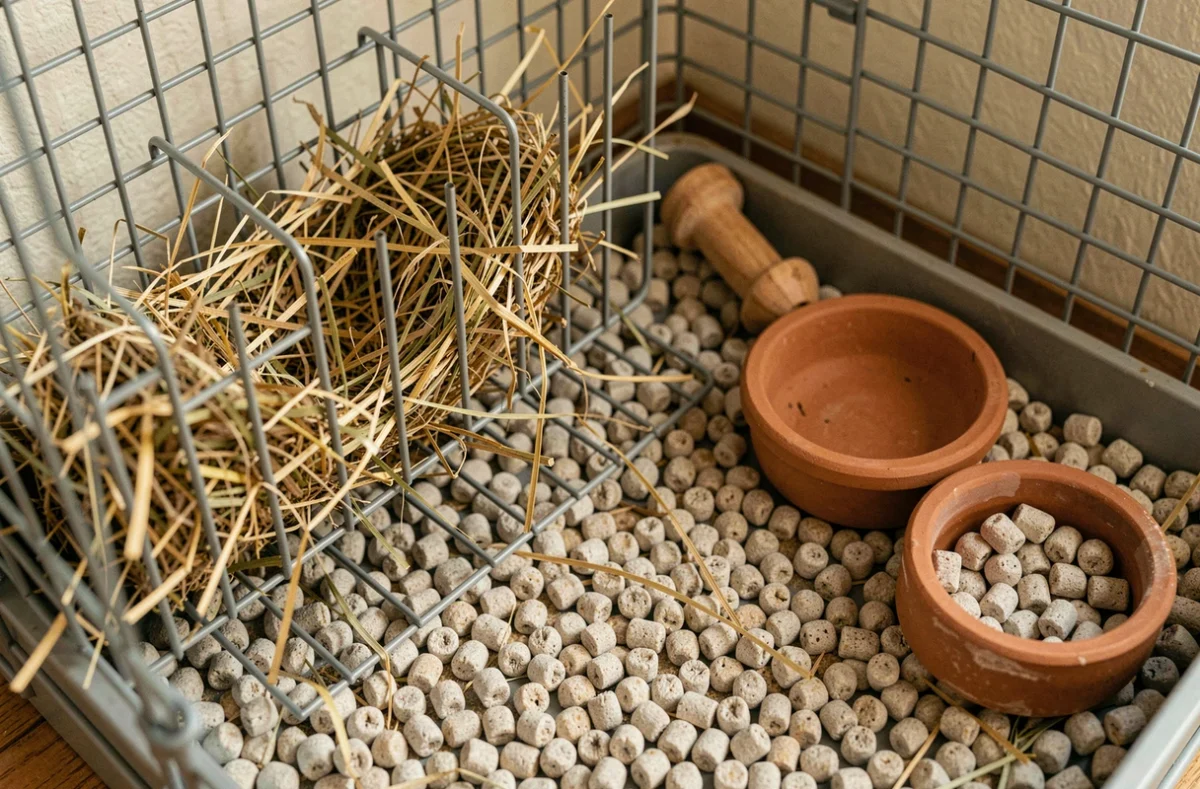 Gros plan sur la litière pour lapin en granulés de papier avec râtelier à foin et accessoires naturels dans une cage propre