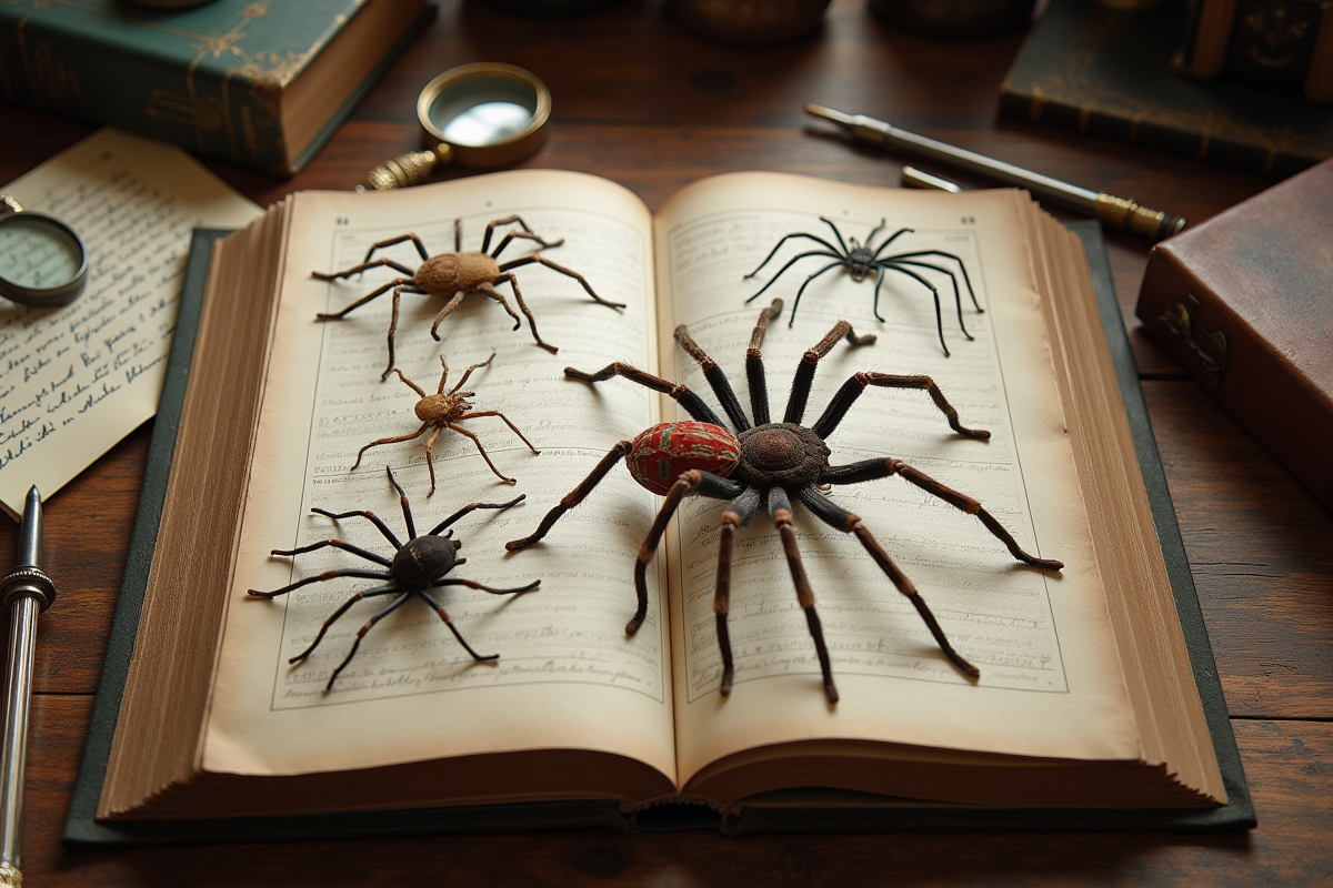 Livre illustré avec araignee mythique et spécimens