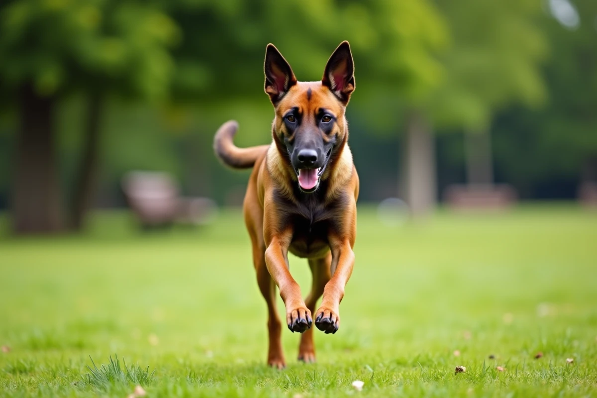 Malinois Lab adulte en pleine course dans un parc, illustrant sa santé et sa vitalité