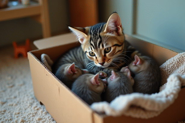 Mère chat tigrée avec ses chatons nouveau-nés dans un carton