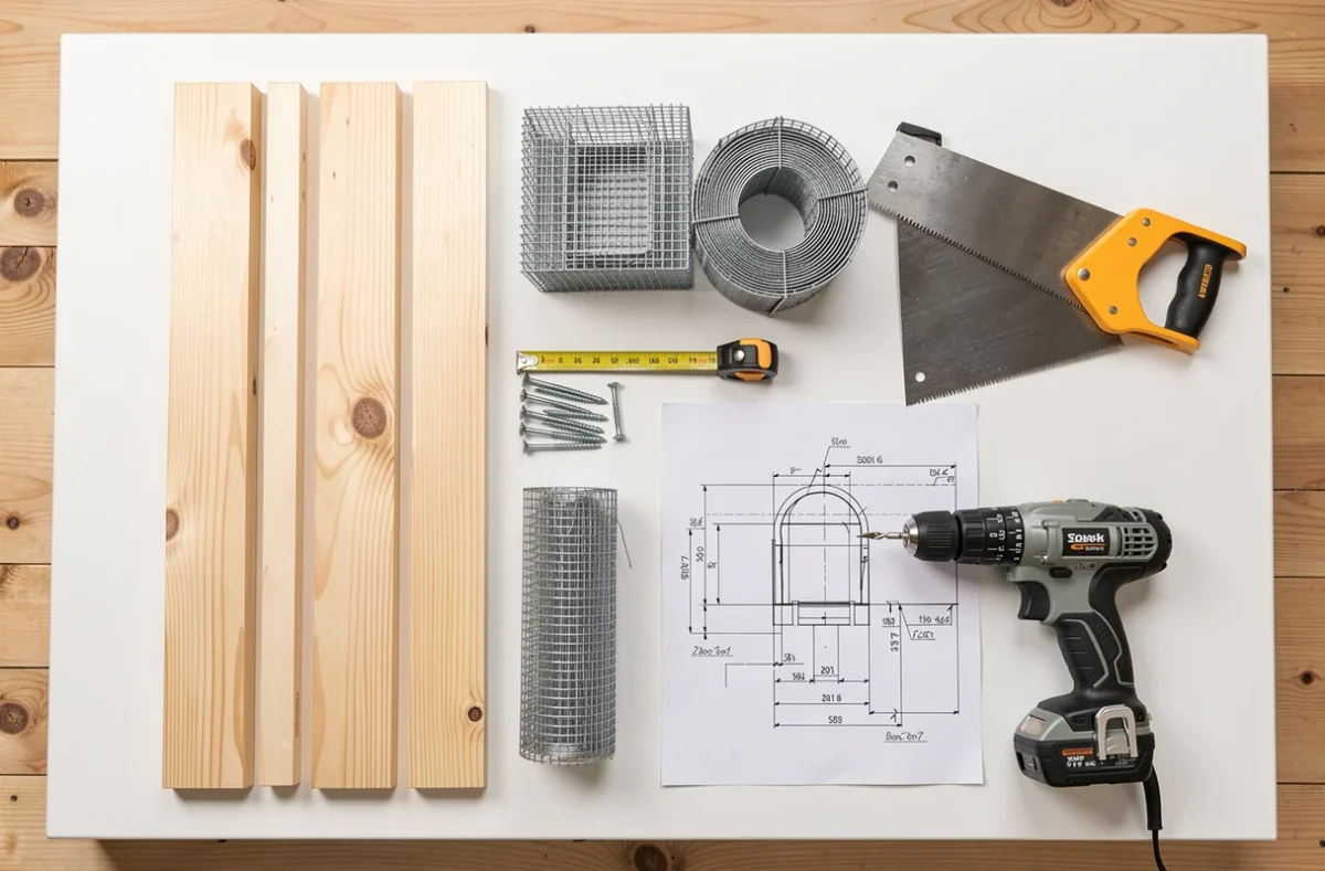 Matériaux et outils nécessaires pour construire une cage à cochon d'Inde : planches de bois, grillage, visses et plans de construction