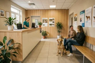 Salle d'attente d'une clinique vétérinaire en Ille-et-Vilaine avec un chien et son propriétaire