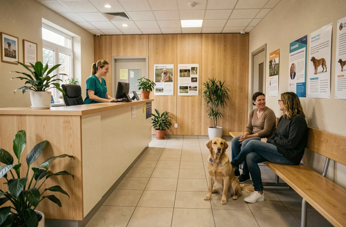Salle d'attente d'une clinique vétérinaire en Ille-et-Vilaine avec un chien et son propriétaire